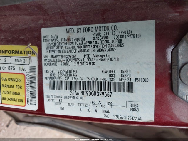 45002846 :رقم المزاد ، 3FA6P0T90GR329667 vin ، 2016 Ford Fusion Se مزاد بيع