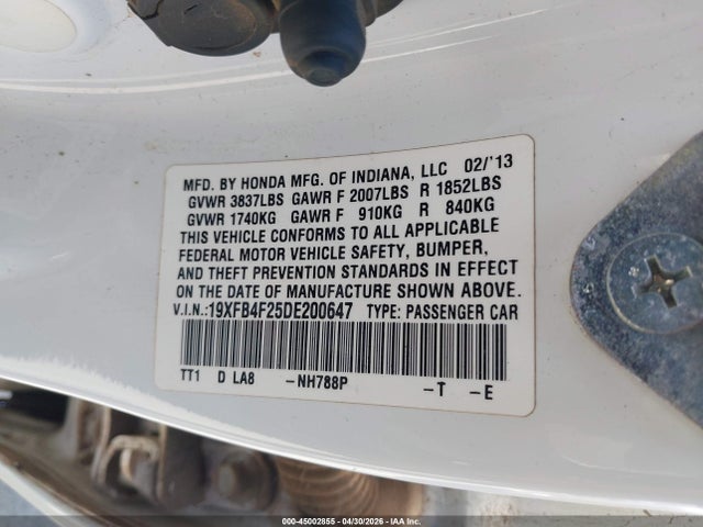 Aukcja sprzedaży 2013 Honda Civic Hybrid, vin: 19XFB4F25DE200647, numer aukcji: 45002855