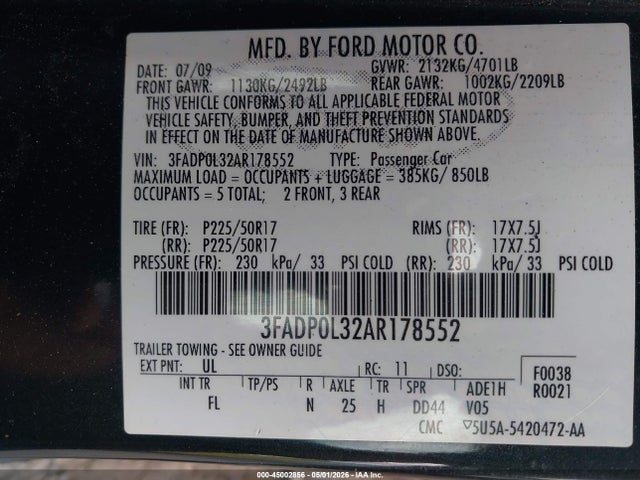 45002856 :رقم المزاد ، 3FADP0L32AR178552 vin ، 2010 Ford Fusion Hybrid مزاد بيع