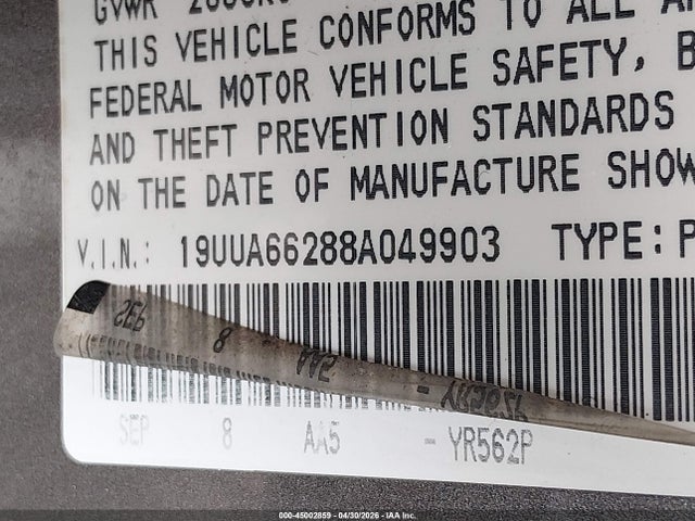 Aukcja sprzedaży 2008 Acura Tl 3.2, vin: 19UUA66288A049903, numer aukcji: 45002859