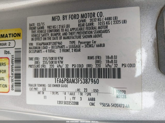 Продаж на аукціоні авто 2015 Ford Mustang V6, vin: 1FA6P8AM3F5387960, номер лоту: 45002860