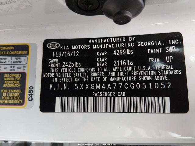 Aukcja sprzedaży 2012 Kia Optima Lx, vin: 5XXGM4A77CG051052, numer aukcji: 45002862