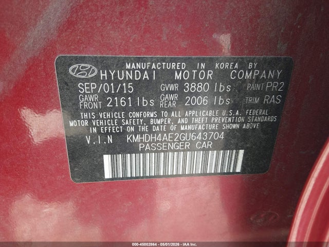 Aukcja sprzedaży 2016 Hyundai Elantra Se, vin: KMHDH4AE2GU643704, numer aukcji: 45002864