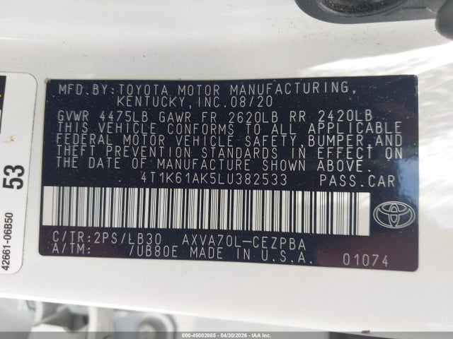 2020 Toyota Camry Xse მანქანა იყიდება აუქციონზე, vin: 4T1K61AK5LU382533, აუქციონის ნომერი: 45002865