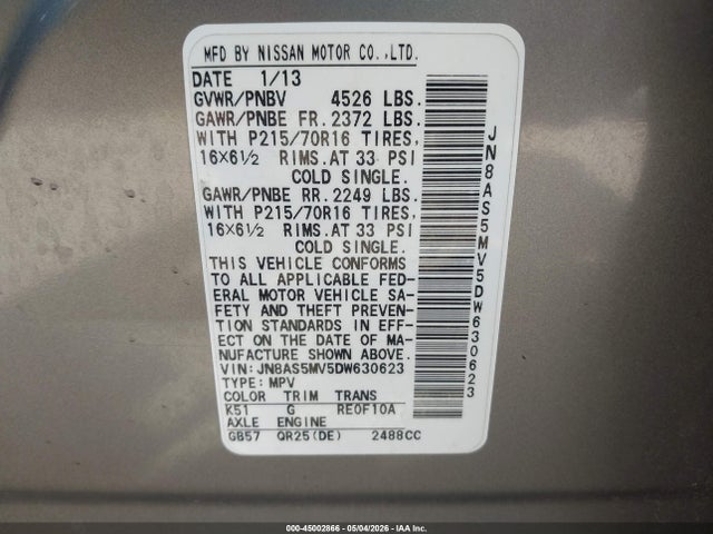 45002866 :رقم المزاد ، JN8AS5MV5DW630623 vin ، 2013 Nissan Rogue S مزاد بيع