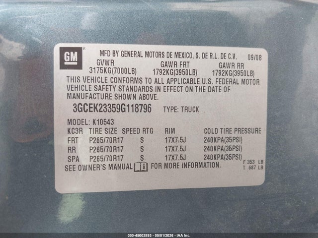 Продажа на аукционе авто 2009 Chevrolet Silverado 1500 Lt, vin: 3GCEK23359G118796, номер лота: 45002893