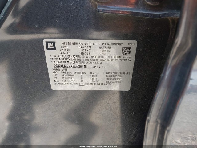 Продаж на аукціоні авто 2017 Gmc Terrain Sle-1, vin: 2GKALMEKXH6339546, номер лоту: 45002894
