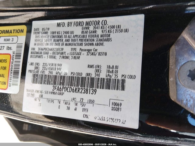 45002896 :رقم المزاد ، 3FA6P0CD6KR238139 vin ، 2019 Ford Fusion Sel مزاد بيع