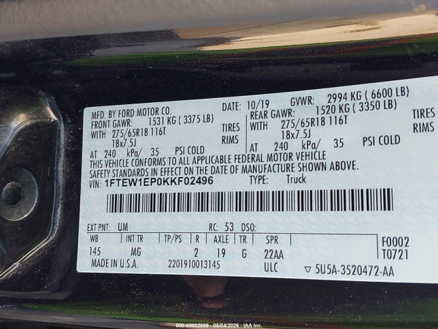 45002899 :رقم المزاد ، 1FTEW1EP0KKF02496 vin ، 2019 Ford F-150 Xlt مزاد بيع