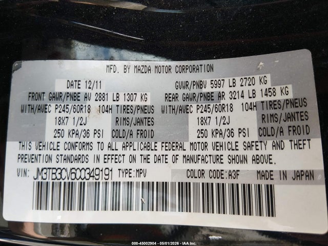 45002904 :رقم المزاد ، JM3TB3CV6C0349191 vin ، 2012 Mazda Cx-9 Touring مزاد بيع