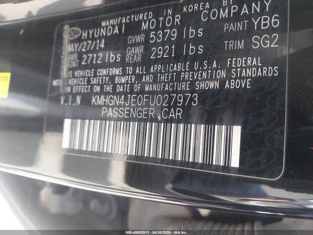 45002912 :رقم المزاد ، KMHGN4JE0FU027973 vin ، 2015 Hyundai Genesis 3.8 مزاد بيع