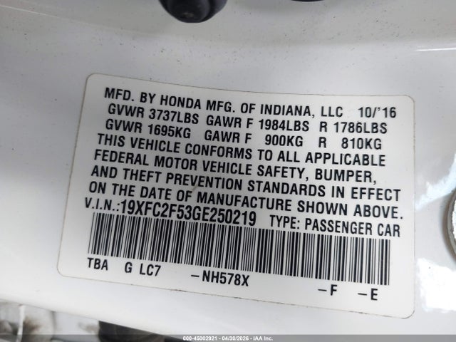 2016 Honda Civic Lx მანქანა იყიდება აუქციონზე, vin: 19XFC2F53GE250219, აუქციონის ნომერი: 45002921