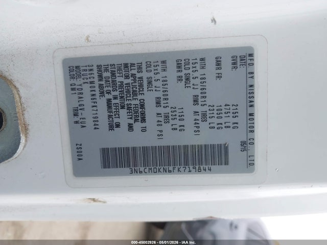 2015 Nissan Nv200 Sv მანქანა იყიდება აუქციონზე, vin: 3N6CM0KN6FK719844, აუქციონის ნომერი: 45002926