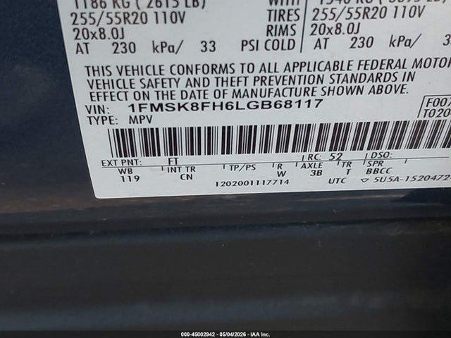 2020 Ford Explorer Limited მანქანა იყიდება აუქციონზე, vin: 1FMSK8FH6LGB68117, აუქციონის ნომერი: 45002942