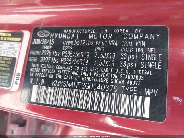 KM8SN4HF2GU140379 Hyundai Santa Fe Se