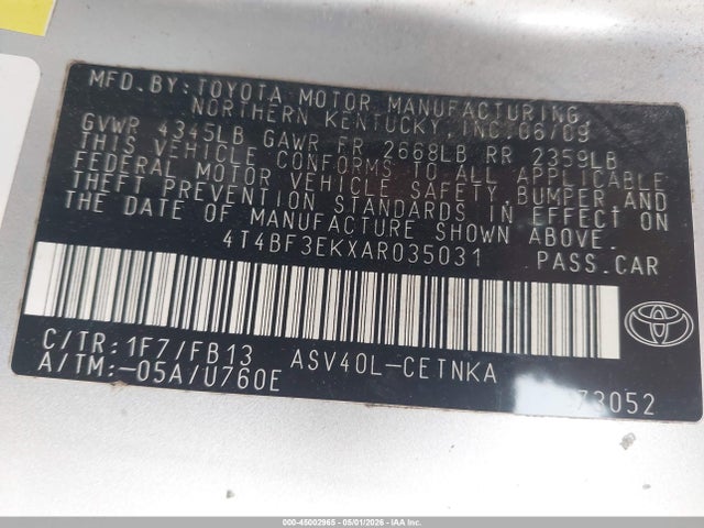 2010 Toyota Camry მანქანა იყიდება აუქციონზე, vin: 4T4BF3EKXAR035031, აუქციონის ნომერი: 45002965