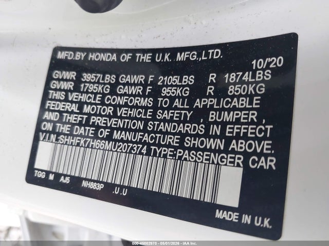 SHHFK7H66MU207374 Honda CIVIC EX