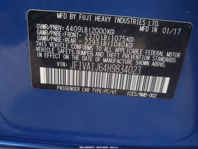 45002973 :رقم المزاد ، JF1VA1J64H9834023 vin ، 2017 Subaru Wrx Limited مزاد بيع