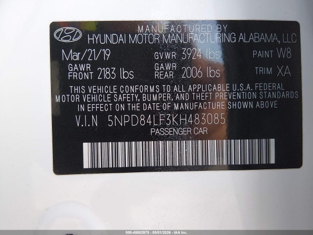 2019 Hyundai Elantra Sel მანქანა იყიდება აუქციონზე, vin: 5NPD84LF3KH483085, აუქციონის ნომერი: 45002975
