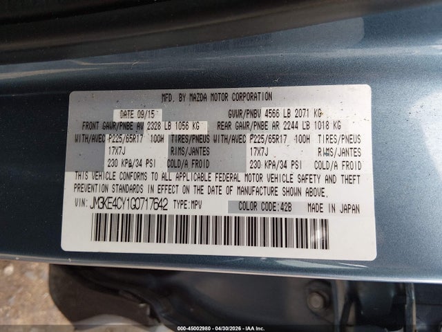 Aukcja sprzedaży 2016 Mazda Cx-5 Touring, vin: JM3KE4CY1G0717642, numer aukcji: 45002980