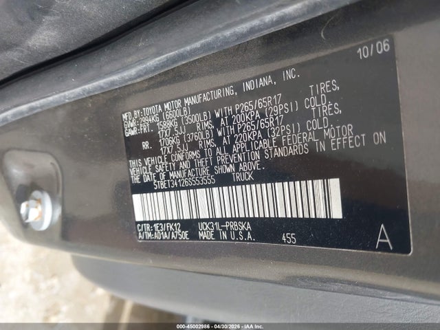 Продаж на аукціоні авто 2006 Toyota Tundra Sr5 V8, vin: 5TBET34126S553555, номер лоту: 45002986