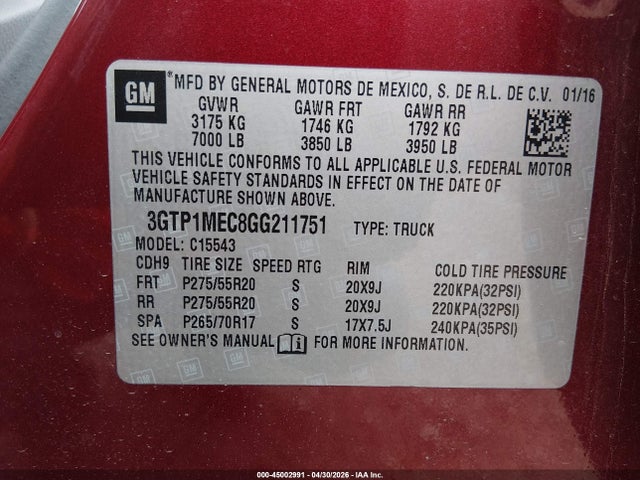 Продажа на аукционе авто 2016 Gmc Sierra 1500 Sle, vin: 3GTP1MEC8GG211751, номер лота: 45002991