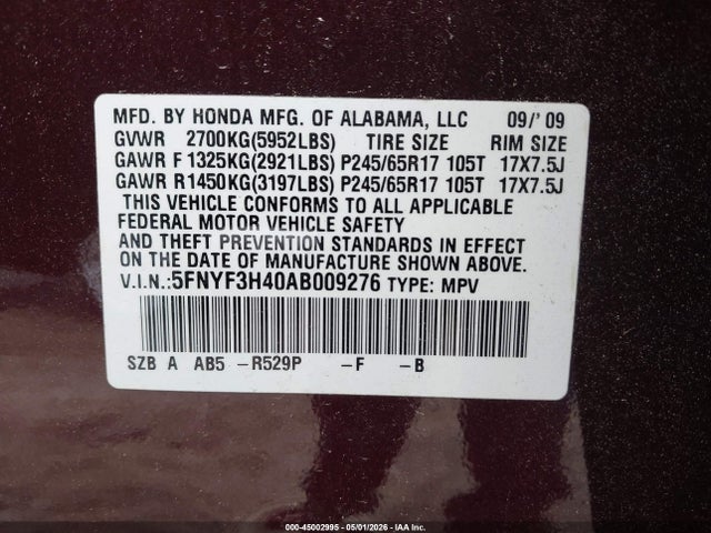 45002995 :رقم المزاد ، 5FNYF3H40AB009276 vin ، 2010 Honda Pilot Ex مزاد بيع