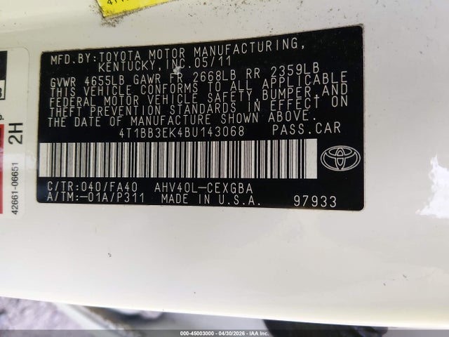 Aukcja sprzedaży 2011 Toyota Camry Hybrid, vin: 4T1BB3EK4BU143068, numer aukcji: 45003000
