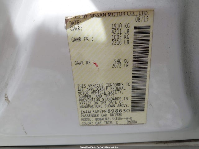 1N4AL3AP2FN898630 Nissan Altima 2.5 Sl