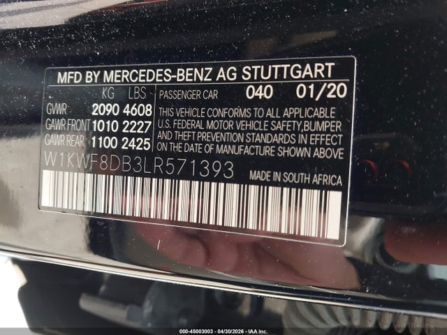 Aukcja sprzedaży 2020 Mercedes-benz C 300, vin: W1KWF8DB3LR571393, numer aukcji: 45003003