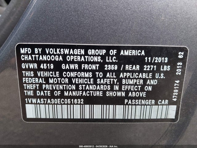 45003012 :رقم المزاد ، 1VWAS7A30EC051632 vin ، 2014 Volkswagen Passat 1.8t S مزاد بيع