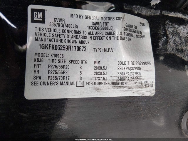 Aukcja sprzedaży 2009 Gmc Yukon Xl 1500 Denali, vin: 1GKFK06259R170672, numer aukcji: 45003014