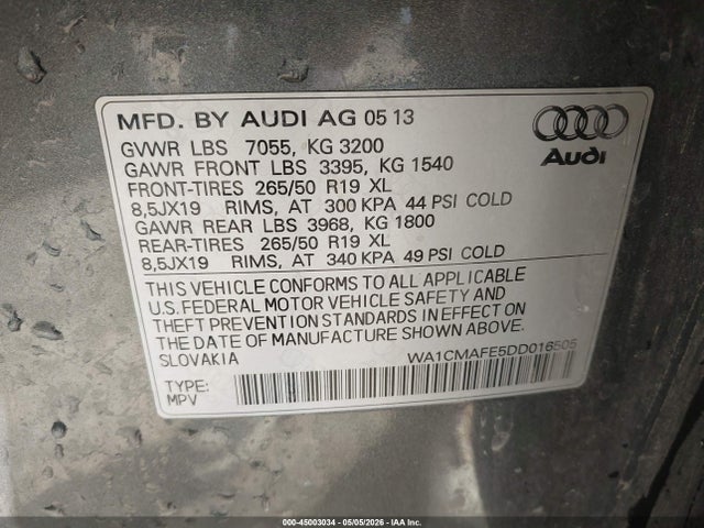 45003034 :رقم المزاد ، WA1CMAFE5DD016505 vin ، 2013 Audi Q7 3.0 Tdi Premium مزاد بيع