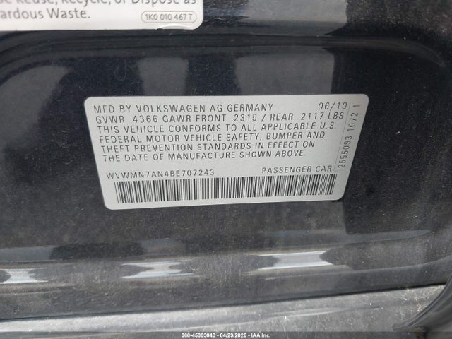 Продаж на аукціоні авто 2011 Volkswagen Cc Sport, vin: WVWMN7AN4BE707243, номер лоту: 45003040