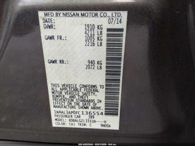 45003044 :رقم المزاد ، 1N4AL3AP0FC136554 vin ، 2015 Nissan Altima 2.5 S مزاد بيع