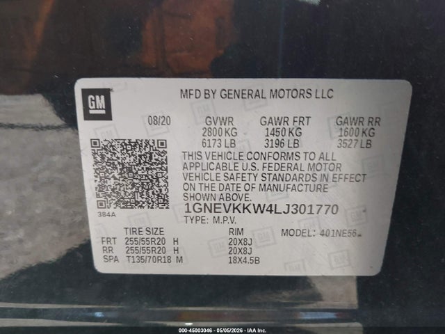 Aukcja sprzedaży 2020 Chevrolet Traverse Awd Premier, vin: 1GNEVKKW4LJ301770, numer aukcji: 45003046
