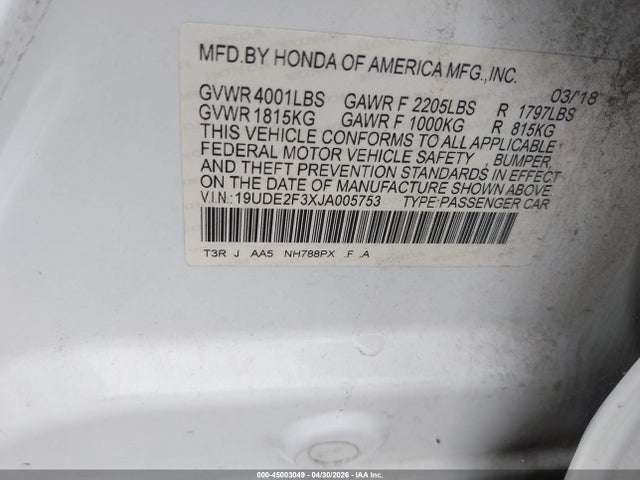 45003049 :رقم المزاد ، 19UDE2F3XJA005753 vin ، 2018 Acura Ilx Acurawatch Plus Package مزاد بيع