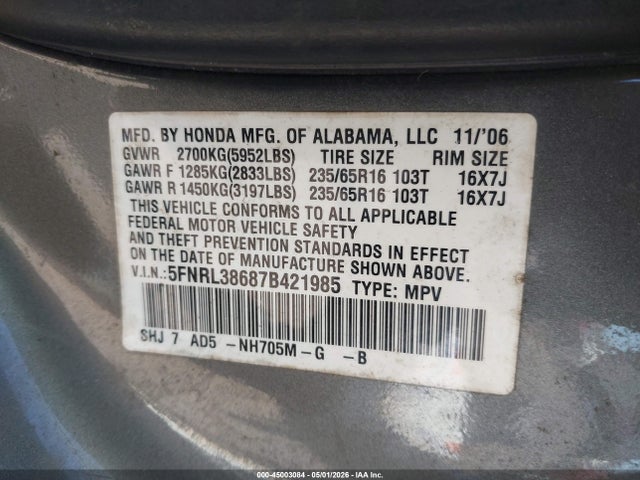 Aukcja sprzedaży 2007 Honda Odyssey Ex-l, vin: 5FNRL38687B421985, numer aukcji: 45003084