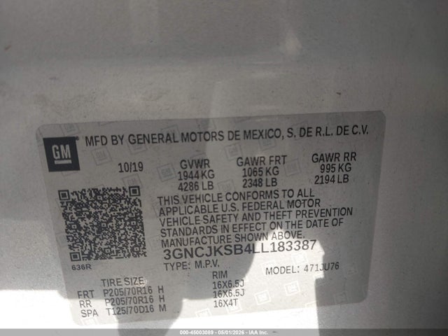 Продажа на аукционе авто 2020 Chevrolet Trax Fwd Ls, vin: 3GNCJKSB4LL183387, номер лота: 45003089