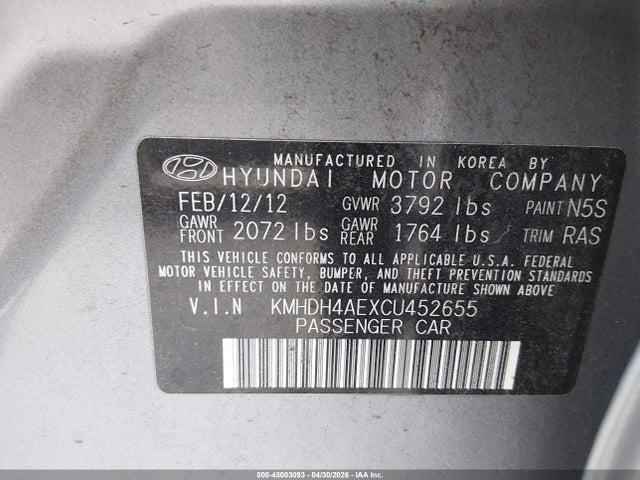 Продажа на аукционе авто 2012 Hyundai Elantra Gls (ulsan Plant), vin: KMHDH4AEXCU452655, номер лота: 45003093