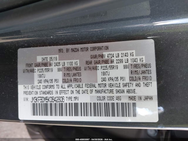 Aukcja sprzedaży 2019 Mazda Cx-5 Grand Touring, vin: JM3KFBDM5K0642806, numer aukcji: 45003097