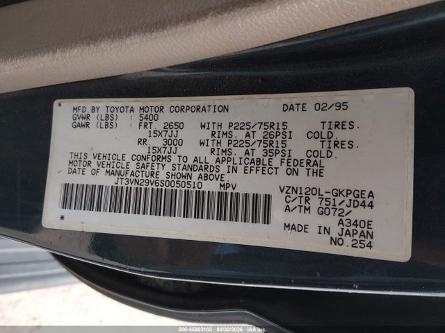 Aukcja sprzedaży 1995 Toyota 4runner Vn29 Sr5, vin: JT3VN29V6S0050510, numer aukcji: 45003103