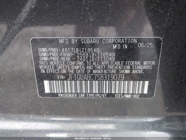 Продаж на аукціоні авто 2025 Subaru Impreza Base 5-door, vin: JF1GUABC7S8319079, номер лоту: 45003112