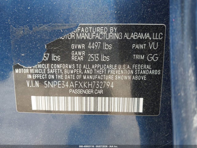 45003116 :رقم المزاد ، 5NPE34AFXKH732794 vin ، 2019 Hyundai Sonata Sel مزاد بيع