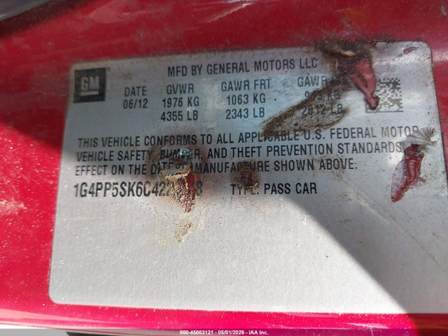 Aukcja sprzedaży 2012 Buick Verano, vin: 1G4PP5SK6C4222248, numer aukcji: 45003121