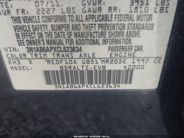 Aukcja sprzedaży 2012 Nissan Sentra 2.0 S, vin: 3N1AB6APXCL623634, numer aukcji: 45003124