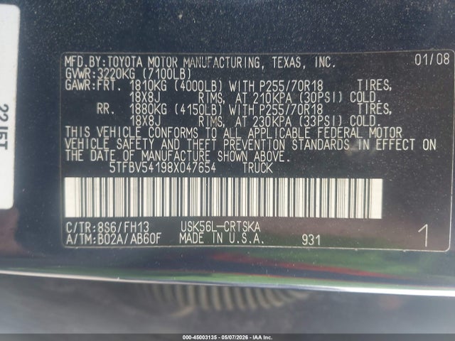 45003135 :رقم المزاد ، 5TFBV54198X047654 vin ، 2008 Toyota Tundra Sr5 5.7l V8 مزاد بيع