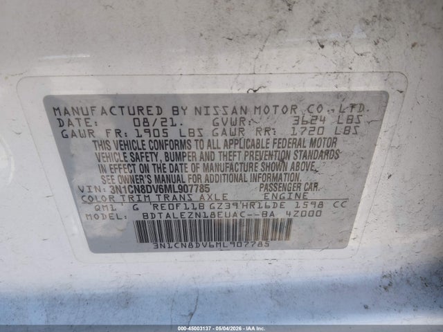 45003137 :رقم المزاد ، 3N1CN8DV6ML907785 vin ، 2021 Nissan Versa S Xtronic Cvt مزاد بيع