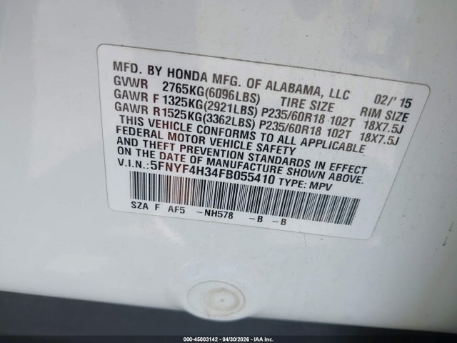 Aukcja sprzedaży 2015 Honda Pilot Se, vin: 5FNYF4H34FB055410, numer aukcji: 45003142