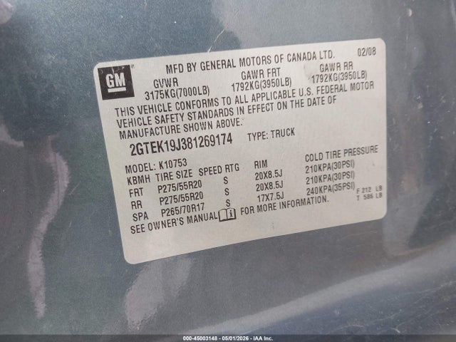 Продажа на аукционе авто 2008 Gmc Sierra 1500 Sle1, vin: 2GTEK19J381269174, номер лота: 45003148